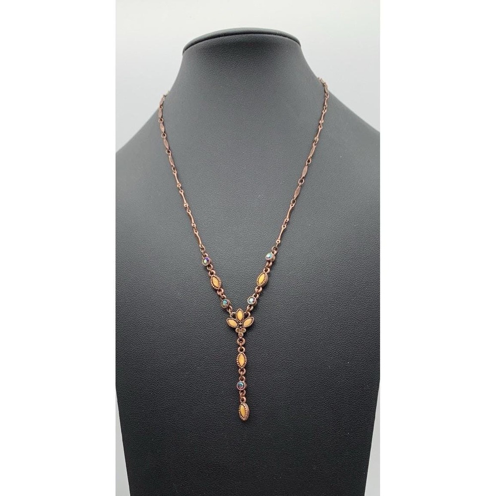 Vintage 1928 Brand Copper Tone And Rhinestone Y Drop Necklace 16-18"